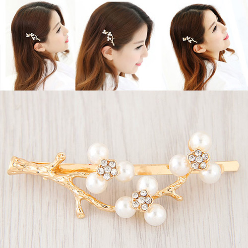 Elegant Gold Color Pearl Decorated Branch Design Simple Hair Clip
