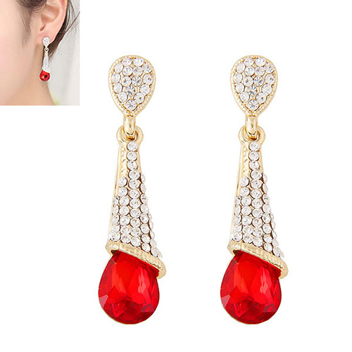 Fashion Red Diamond Decorated Waterdrop Beads Earring
