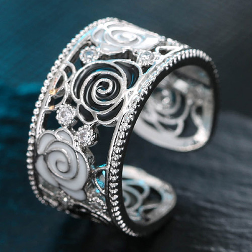Sweet Silver Color Flower Shape Decorated Hollow Out Opening Ring