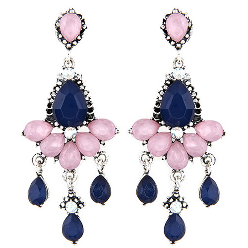 Sweet Dark Blue+pink Gemstone Tassel Pendant Decorated Waterdrop Earring