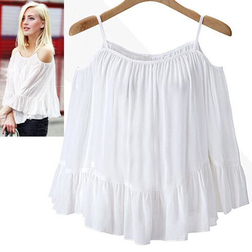 Sweet White Pure Color Decorated Off-the-shoulder Strap Falbala Skirt