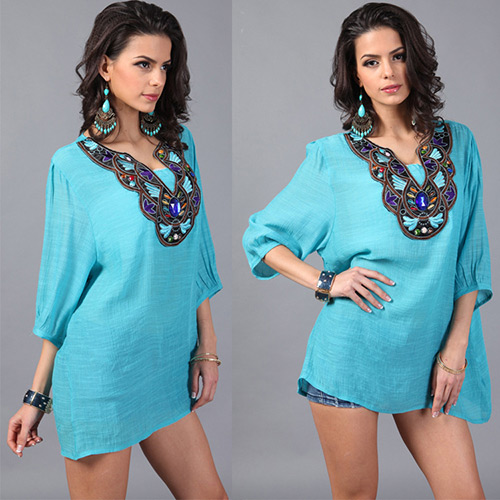 Trendy Green Embroiedry Pattern Decorated Three Quarter Sleeve Loose Blouses