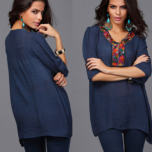 Fashion Nvay Blue Embroiedry Pattern Y Shape Collar Decorated Loose Half Sleeve Blouses