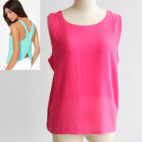 Sweet Plum Red Pure Color Decorated Backless Cross Sleelvess Tank Tops