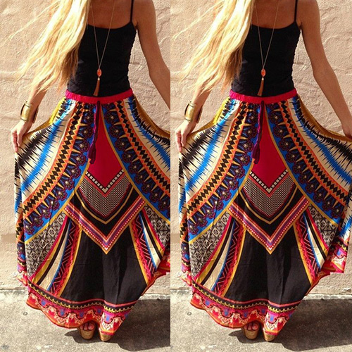 Fashion Multi-color Geometric Shape Pattern Decorated Falbala Long Skirts