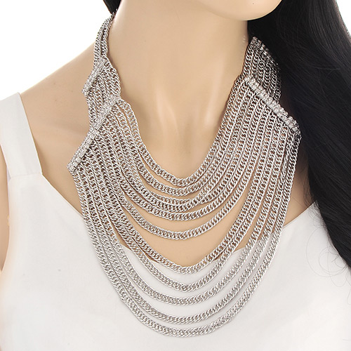 Exaggerated Silver Color Multilayer Tassel Decorated Collar Necklace