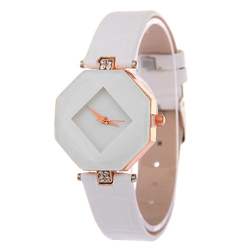 Exquisite White Rhombus Dial Plate Decorated Pure Color Strap Watch