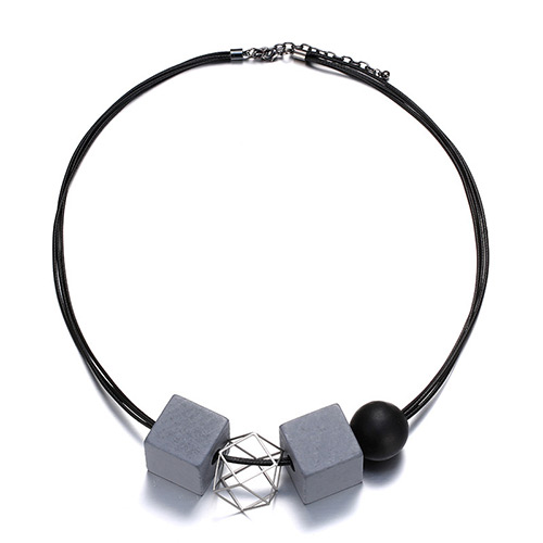 Elegant Gun Black+gray Square Shape Decorated Double Layer Necklace