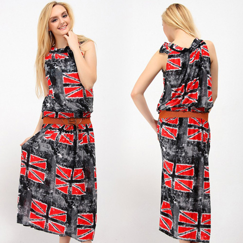 Personality Gray Flag Pattern Decorated Sleeveless Loose Long Dress