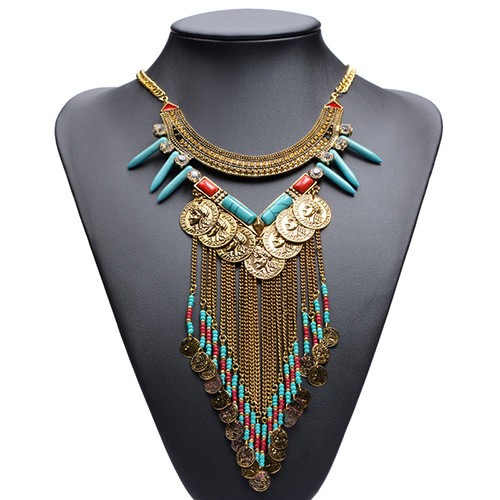 Vintage Gold Color Metal Coins Decorated Double Layer Tassel Necklace