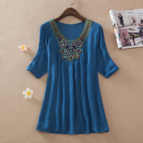Casual Sapphire Blue Embroidery Pattern Decorated Short Sleeve Long Blouse