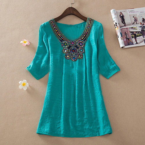 Casual Green Embroidery Pattern Decorated Short Sleeve Long Blouse