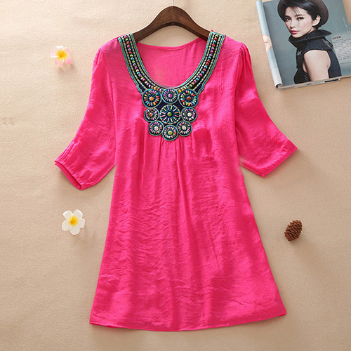 Casual Plum Red Embroidery Pattern Decorated Short Sleeve Long Blouse