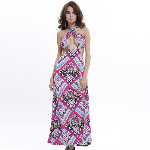 Sexy Purple Square Shape Pattern Decorated Off The Shoulder Backless Long Dress