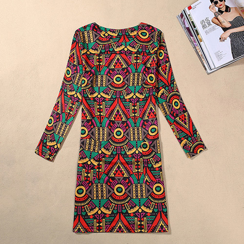 Trendy Multi-color Painting Flower Pattern Decorated Long Sleeve Large Size Slim Dress