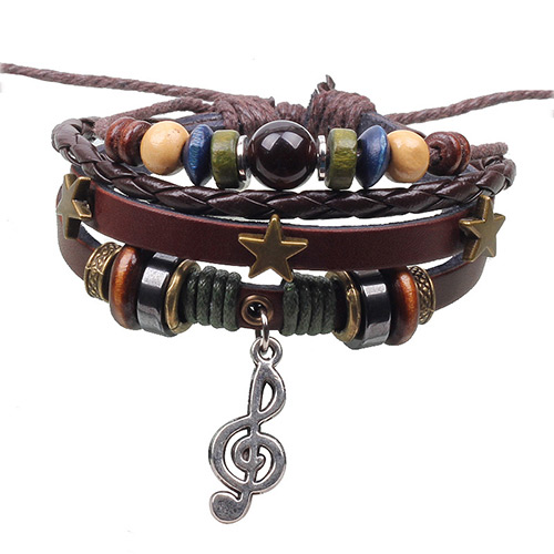 Exaggerated Coffee Music Notation Pendant Decorated Multilayer Bracelet