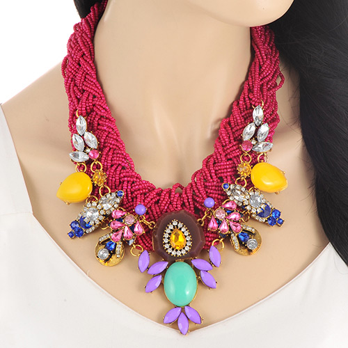 Fashion Claret-red Water Drop Shape Diamond Decorated Hand-woven Collar Necklace