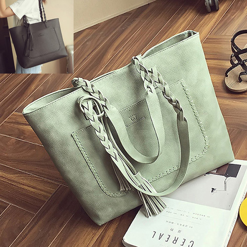 Elegant Light Green Tassel Pendant&pocket Decorated Square Shoulder Bag