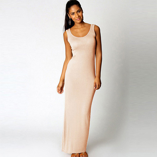 Elegant pink Round Neckline Design Pure Color Sleeveless Long Dress