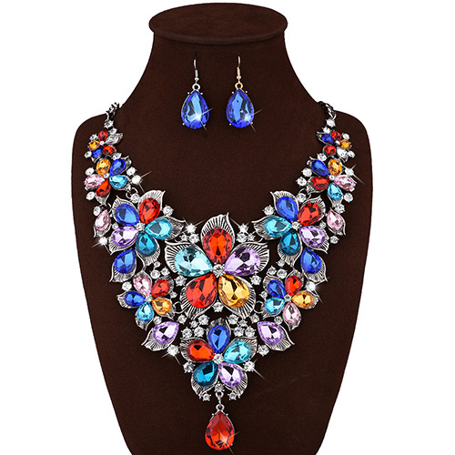 Luxury Multi-color Flower Decorated Short Chain Jewelry Sets