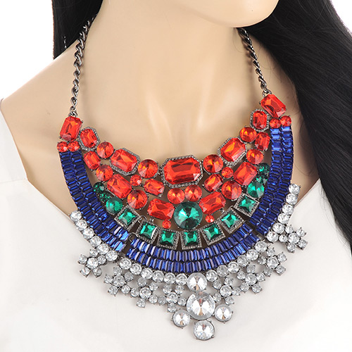 Luxury Red+sapphire Blue Geometric Shape Diamond Decorated Short Chain Necklace