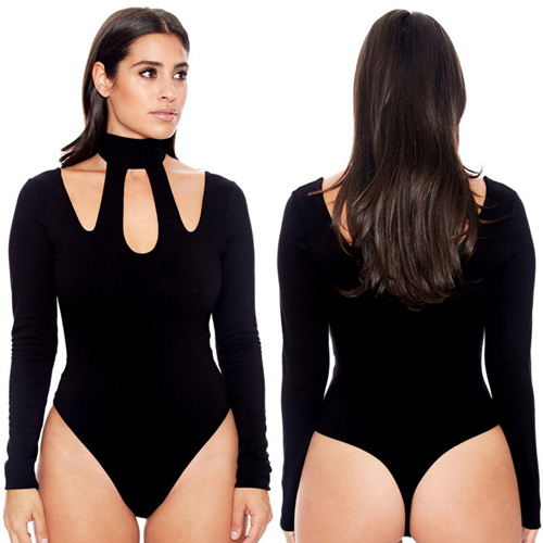 Sexy Black Hollow Out Hang-neck Decorated Long Sleeve Simple Dress