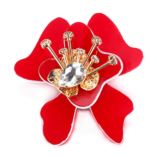 Luxury Red Waterdrop Diamond Decorated Big Flower Shape Brooch