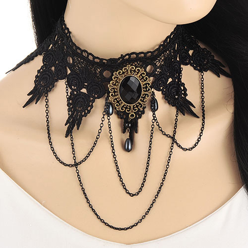 Fashion Black Tassel&diamond Decorated Hollow Out Lace Collar Necklace