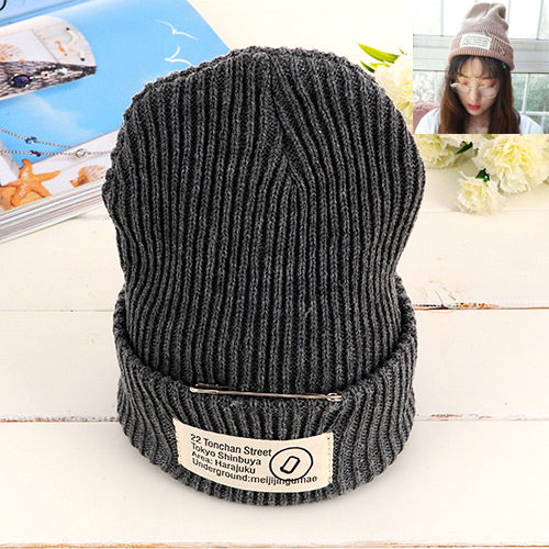Fashion Dark Gray Pin Decorated Pure Color Design Simple Kintting Hat