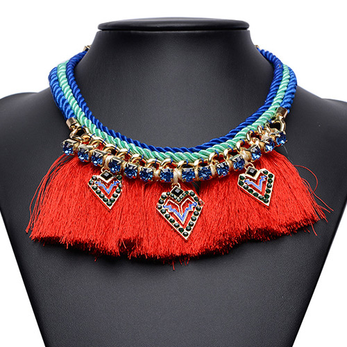 Exaggerated Red Long Tassel Pendant Decorated Simple Collar Necklace