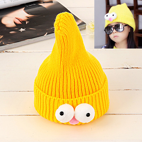 Lovely Yellow Pure Color Design Big Eyes Decorated Baby Knitted Hat