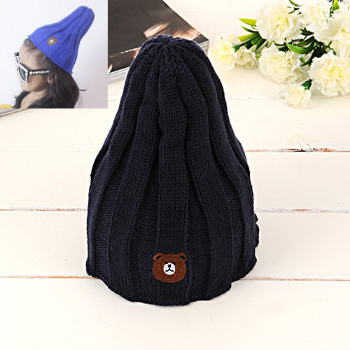 Fashion Dark Blue Little Bear Pattern Decorated Baby Knitted Hat