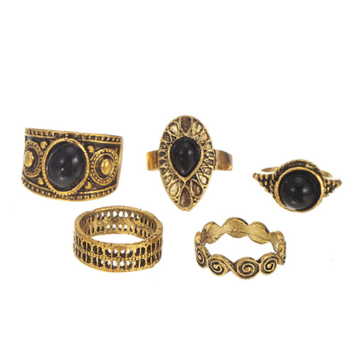 Vintage Gold Color Geometric Shape Gemstone Decorated Ring Sets (5pcs)