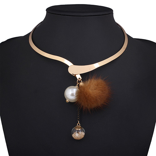 Bohemia Brown Fuzzy Ball&pearl Pendant Decorated Simple Necklace