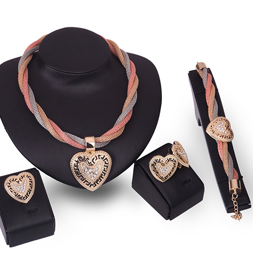 Fashion Gold Color Diamond Decorated Hollow Out Heart Shape Jewelry Sets (4pcs)