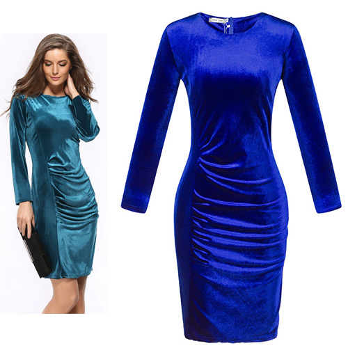 Trendy Sapphire Blue Pure Color Decorated Long Sleeve O Neckline Tight Dress