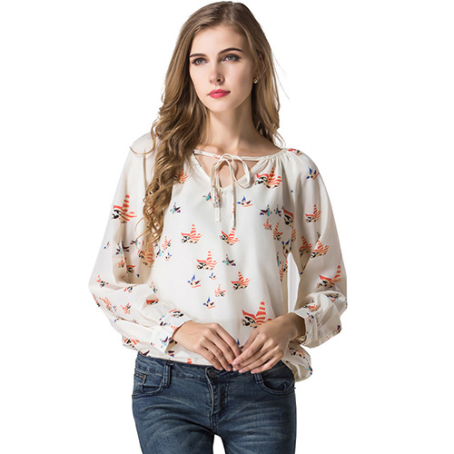 Trendy Cream-colored V Neckline Decorated Simple Design Long Sleeve Shirt