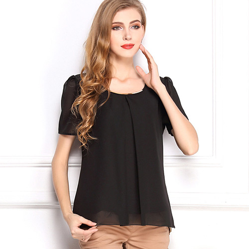 Fashion Black O Shape Neckline Design Pure Color Short Sleeve Shirt