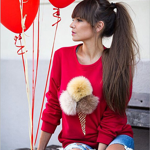Cute Red Fuzzy Ball&ice Cream Shape Decorated Long Sleeve Coat