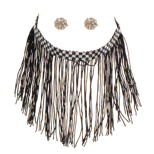 Trendy Black Long Tassel Decorated Short Chain Simple Jewelry Sets