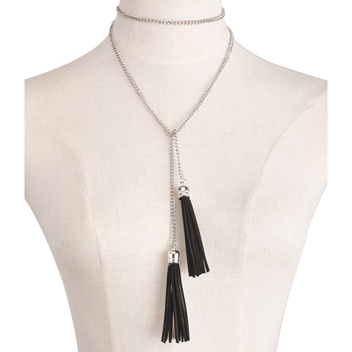 Trendy Black+silver Color Tassel Decorated Simple Design Long Chain Necklace