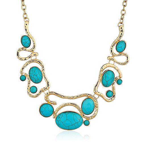 Fashion Blue+golden Color Oval Shape Diamond Decorated Hollow Out Necklace