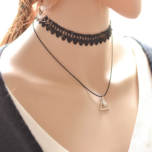 Vintage Black Triangle Pendant Decorated Double Layer Choker