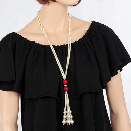Elegant White+red Tassel Pendant Decorated Double Layer Necklace