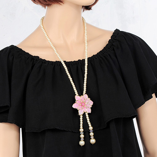 Elegant Pink Flower&tassle Pendant Decorated Long Chain Necklace