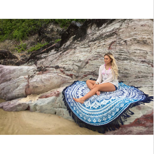 Fashion Blue Geometric Flowe Pattern Decorated Tassel Yoga Mat&shawl