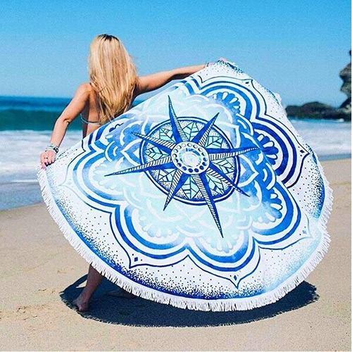 Fashion White+blue Geometric Flowe Pattern Decorated Tassel Yoga Mat&shawl