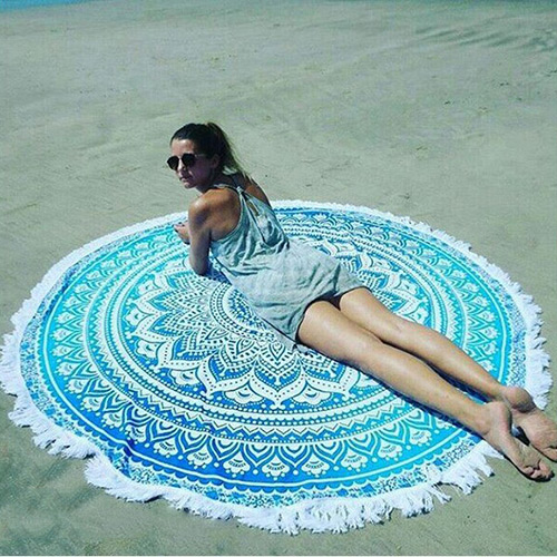 Fashion Blue Geometric Flowe Pattern Decorated Tassel Yoga Mat&shawl