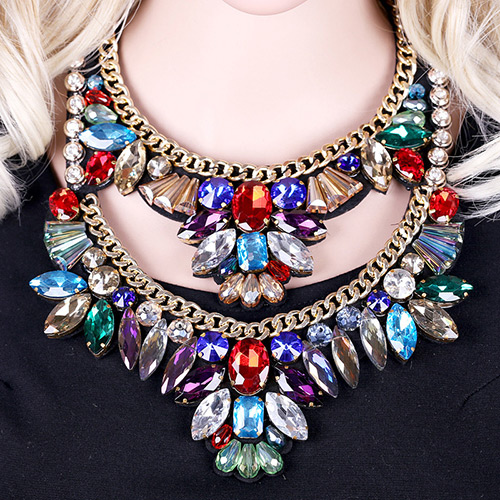 Luxury Multi-color Double Layer Geometric Diamond Decorated Short Chain Necklace