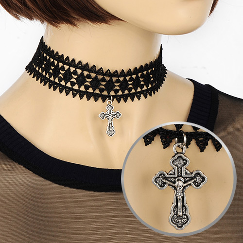Elegant Black Cross Shape Pendant Decorated Hollow Out Lace Choker